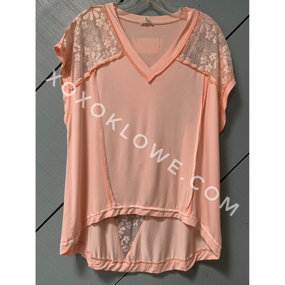 POL Pink Peach Rayon Jersey + Floral Lace Short Sleeve Top Oversized - Picture 14 of 16
